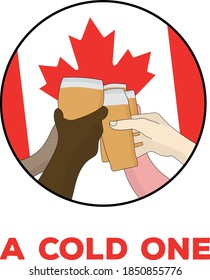 Drawing with glasses of beer making a toast with the flag of the Canada in the background and the phrase a cold one at the bottom