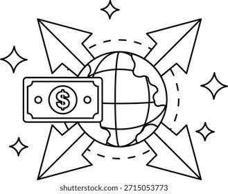 Un dibujo de un globo terráqueo con un billete de un dólar. El dibujo tiene una sensación de movimiento y dirección, como si el billete de un dólar estuviera siendo impulsado por las flechas