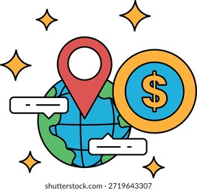 Eine Zeichnung eines Globus mit einem Dollarzeichen und einer Weltkarte. Der Globus ist von Sternen umgeben und das Dollarzeichen ist in der Mitte