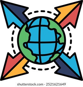 A drawing of a globe with four arrows pointing to it. The arrows are in different colors and are pointing in different directions. The globe is surrounded by a circle with a blue
