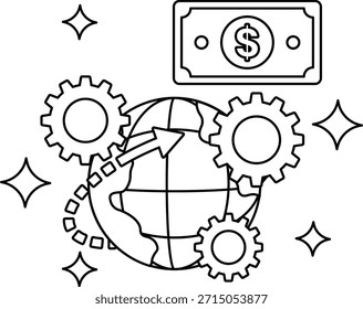 Un dibujo de un globo terráqueo con engranajes y un billete de un dólar. El billete de un dólar está en la cima del mundo y los engranajes están esparcidos a su alrededor. El dibujo transmite la idea del dinero y la economía global