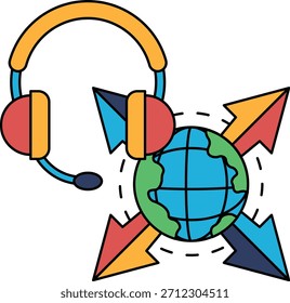 Un dibujo de un globo terráqueo con un auricular encima. El globo está rodeado por flechas que apuntan en diferentes direcciones