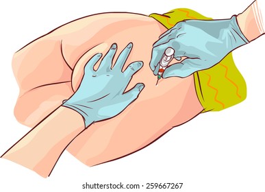 Drawing of Gloved hands aspirating syringe at dorsogluteal site of injection