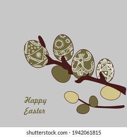 Dibujo de una rama de sauce de cabra con brotes de huevos de Pascua. Tarjeta navideña feliz