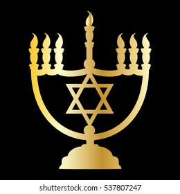 Drawing of a gold silhouette of a menorah with jewish star on a black background - Traditional Jewish candle holder for the seven candles. Candles are lit on Saturday, the Sabbath.