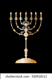 Drawing of a gold silhouette of a menorah with jewish star on a black background - Traditional Jewish candle holder for the seven candles. Candles are lit on Saturday, the Sabbath.