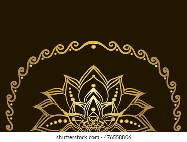 Drawing of a golden  line art lotus flower with a frame, gradient coloring