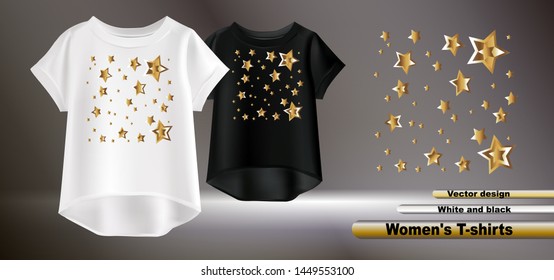 
Drawing golden stars. White and black women's t-shirts. Realistic image of women's loose t-shirt.