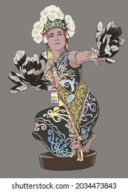 baile de gong, kalimantan oriental, danza tradicional indonesia, art.ilustración, vector