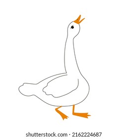 Drawing of a goose in doodle style. Farm bird. Black line drawing with orange nose and paws. Vector illustration isolated on white background