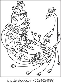 A drawing of a goose with flowers and a drawing of a bird Peacock. Peacoc Coloring Page Foe Kids And Adults.