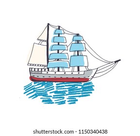 Drawing of gorgeous ship, sailing boat, frigate or caravel with sail in ocean. Beautiful sailboat in sea journey or trip. Marine navigation. Colorful hand drawn vector illustration in doodle style.