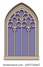 Drawing of gothic stained glass window from 14th century church of Our Lady of the Carmelites in Finisterre. Gothic architectural style. Medieval Architecture in France. Hand drawn vector illustration