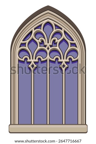 Drawing of gothic stained glass window from 14th century church of Our Lady of the Carmelites in Finisterre. Gothic architectural style. Medieval Architecture in France. Hand drawn vector illustration