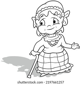 Drawing of a Grandmother with a Cane in her Hand - Cartoon Illustration Isolated on White Background, Vector