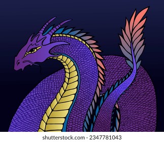 DRAWING GRAPHIC DRAGON. Very beautiful and colorful outline illustration.