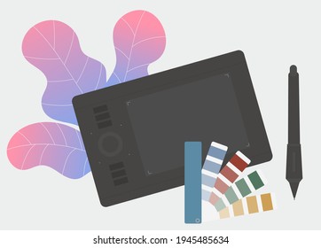 Zeichnen von Grafiktabletten und Pen in flachem Stil. Farbpalettenführung mit jeder Farbe von hell bis dunkel.