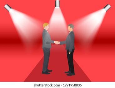 Drawing Graphics businessman shaking hands for successful negotiation for business with spotlight for show with red background