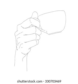 Drawing graphics of one hand is holding cup of hand-drawn one thin line.