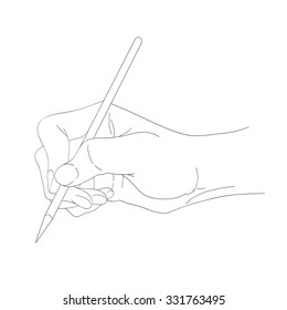 Drawing graphics of one hand with pencil, painted by the hand of a thin line.