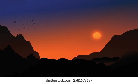 Drawing graphics The sun sets behind the mountains, painting the sky with golden hues of serenity illustration