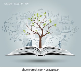 Drawing graphs and charts business strategy plan concept idea on an open book. Tree growing from an open book. Vector illustration modern template design