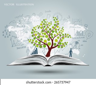 Drawing graphs and charts business strategy plan concept idea on an open book. Tree growing from an open book. Vector illustration modern template design