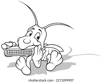 Drawing of a Grasshopper Playing an Harmonica - Cartoon Illustration Isolated on White Background, Vector