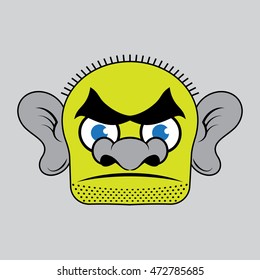 drawing - green cloudy bald bruiser with a broad black eyebrows and blue eyes