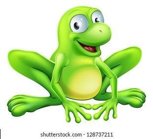 A drawing of a green cute frog mascot character sitting and smiling