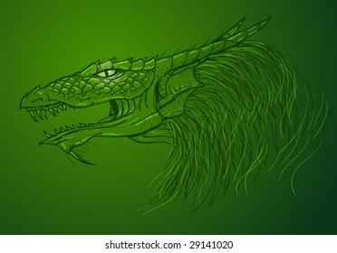 Drawing of a green dragon head in vector form