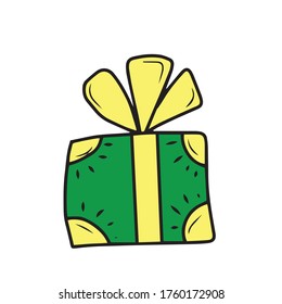 Drawing of a green gift box with a yellow bow . Hand drawn vector Doodle illustrations isolated on a white background.