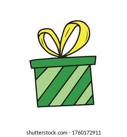Zeichnung einer grünen Geschenkbox mit gelber Schleife . Handgezeichnete Vektorgrafiken Doodle-Illustrationen einzeln auf weißem Hintergrund.