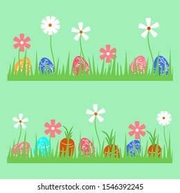 Drawing of green grass with daisies flowers. In the grass, painted Easter eggs, carrots. Template for creating cards, children's illustrations in a flat style. Set of eggs with floral patterns. Vector