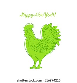 Drawing green rooster. Design Happy New Year greeting card