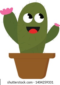 A drawing of a green smiling cactus with thorns and purple flowers in a brown pot., vector, color drawing or illustration. 