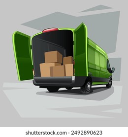 Dibujo de una camioneta verde de la parte trasera con puertas abiertas y cajas en ella, en un estilo de dibujos animados.