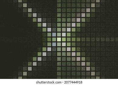 Drawing from green white squares on a black background. Abstract vector image.