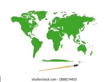 Dibujar un mapa del mundo verde sobre fondo blanco. Pincel de dibujos de la Tierra sobre papel blanco. Ecología medio ambiente educación del planeta verde