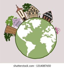 Drawing green world of vector illustration with building and the tree on beige background. EPS 10.