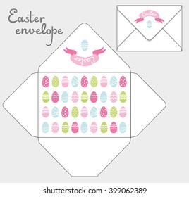 Drawing greeting envelopes. Happy Easter. For celebrations. For office and business. Format C6. Template.  Cute pattern with Easter eggs. White background. Pastel colors.Vector.