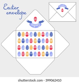 Drawing greeting envelopes. Happy Easter. For celebrations. For office and business. Format C6. Template.  Cute pattern with Easter eggs. White background. Bright colors. Vector.