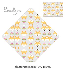 Drawing greeting envelopes. For weddings and celebrations. For office and business. Format C6. The pattern with foxes and flowers. Light gray background.