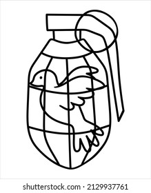 Drawing of a grenade with a dove in doodle style. Contour military weapons, anti-war linear illustration. Hand drawn military print, no war, creative art world peace