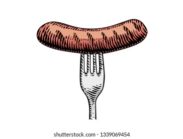 Drawing of grilled small sausage on the metal fork