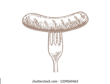 Drawing of grilled small sausage on the metal fork