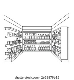 Drawing Grocery Store Shelves Full of Goods Retail Consumer Market Illustration