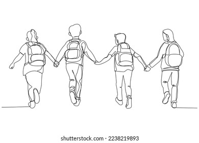 Drawing of group of children run to the door of the school holding each other hands. Single continuous line art style
