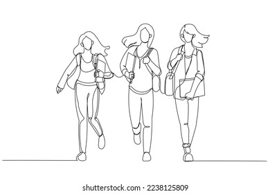 Drawing of group of female student running try not to late for class. Continuous line art style
