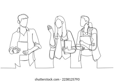 Dibujo de un grupo de amigos parados y posando al aire libre en la universidad. Arte de línea continuo
